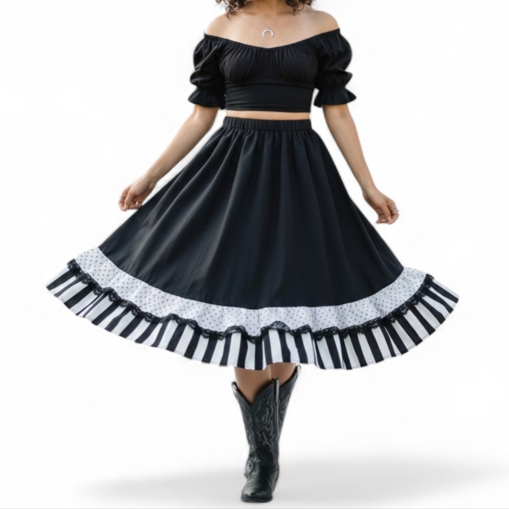 Vintage Pitchfork Whimsigoth Polka Dot Striped Ruffle Midi Skirt S